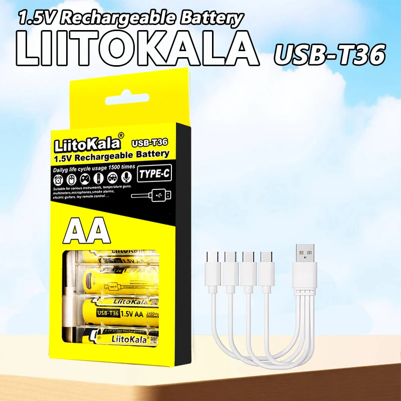 Liitokala-充電式リチウムイオン電池,USBケーブル,タイプC,aa,2400mah,1.5v,3600mwh,1200サイクル,USB-T36, 4 in 1