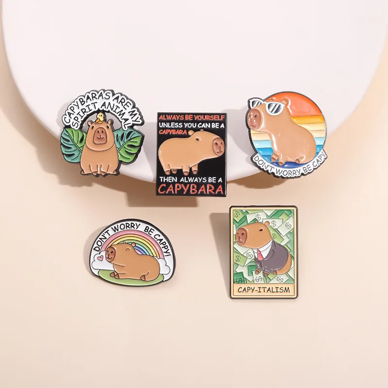 Cute Capybara Brooch Be Happy Bath Coffee Capybara Computer Pistol Bird Burger Donut Cake Capybara Metal Badge Punk Pins Jewelry