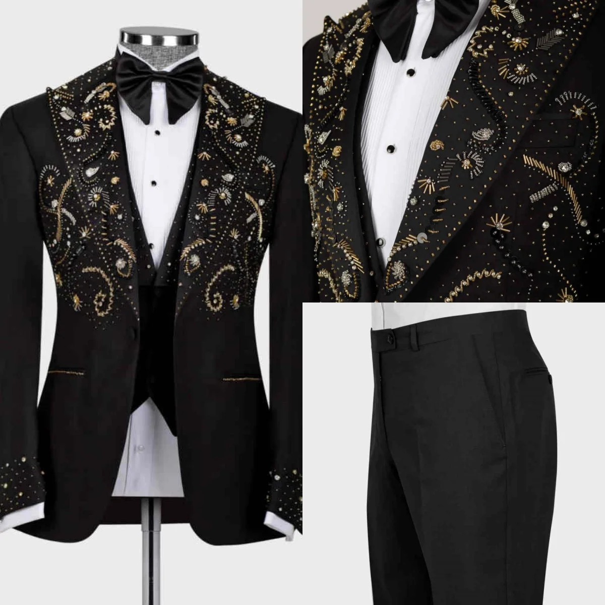 

Elegant Crystal 3 Pieces Men Suits Single Breasted Peaked Lapel Tuxedos Wedding Groom Customized Beading Costume Homme