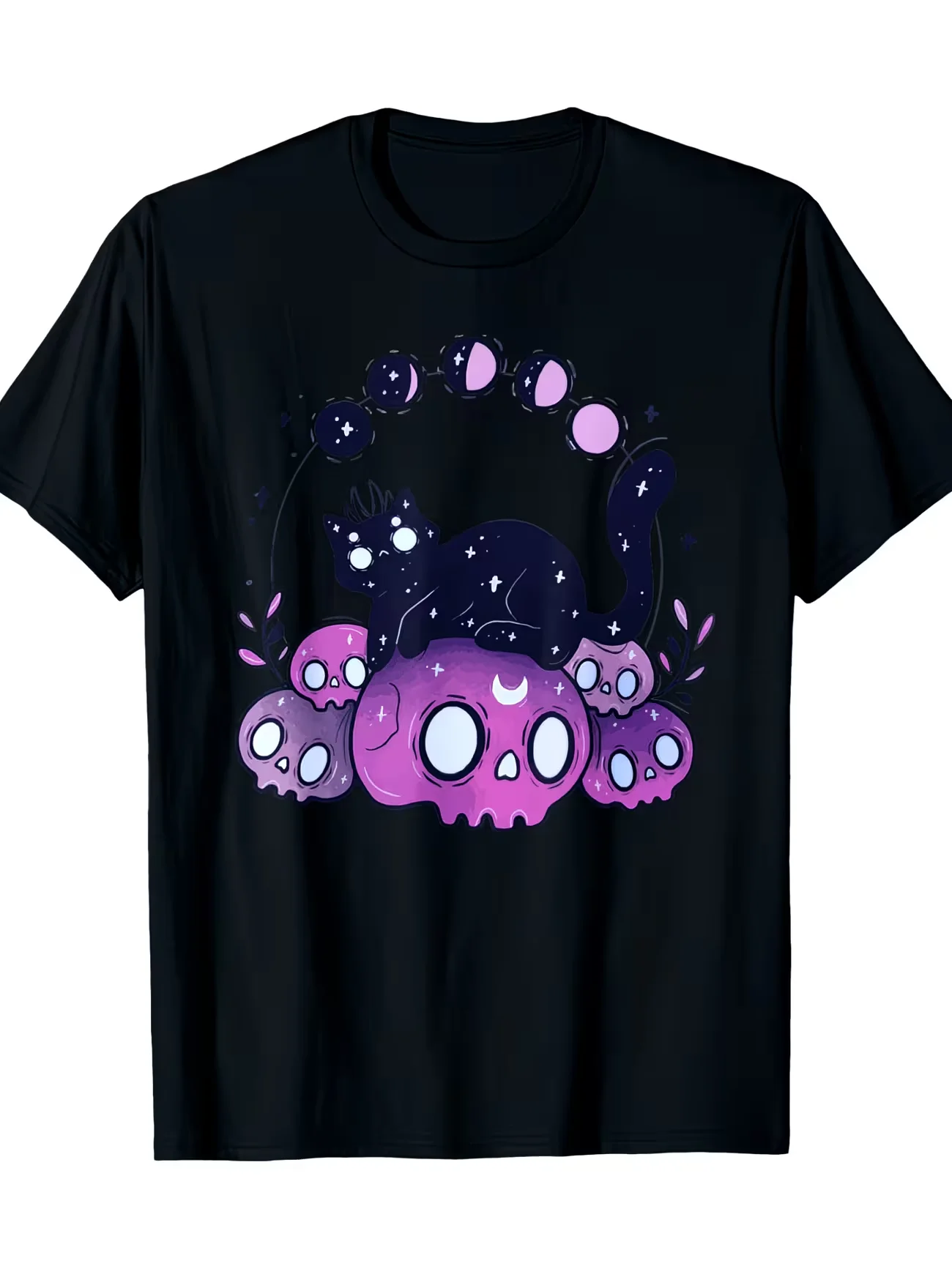 Novelty Men'S Cute Pastel Goth Art Cat and Skull with Moon Phases Graphic T Shirt Women Tee Streetwear Casual Oversize Vintage