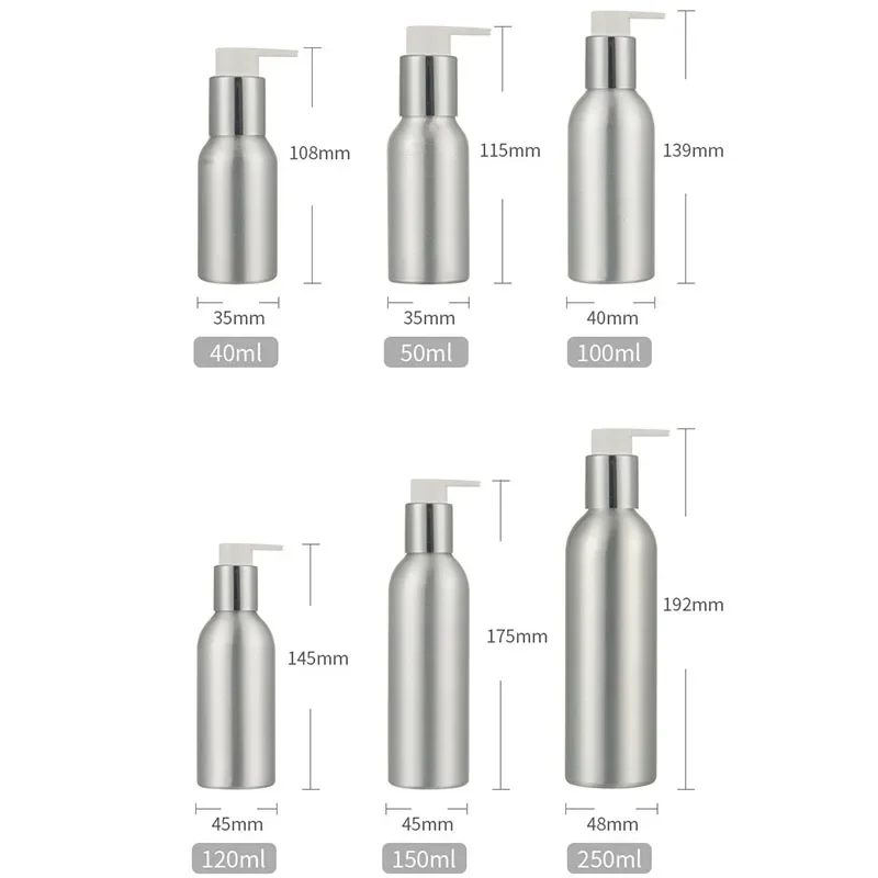 Bomba de alumínio de 40-250ml, bomba de loção de alta qualidade, shampoo, loção, recarregável, dispensador de líquido, recipiente de viagem