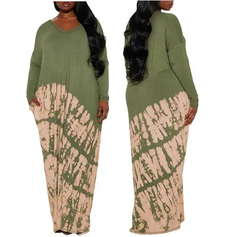 218361 Plus Size Women's New Printed V-neck Long Sleeved Loose Dress Summer-dress 2025 Party Summer Elegantes Casual Y2k