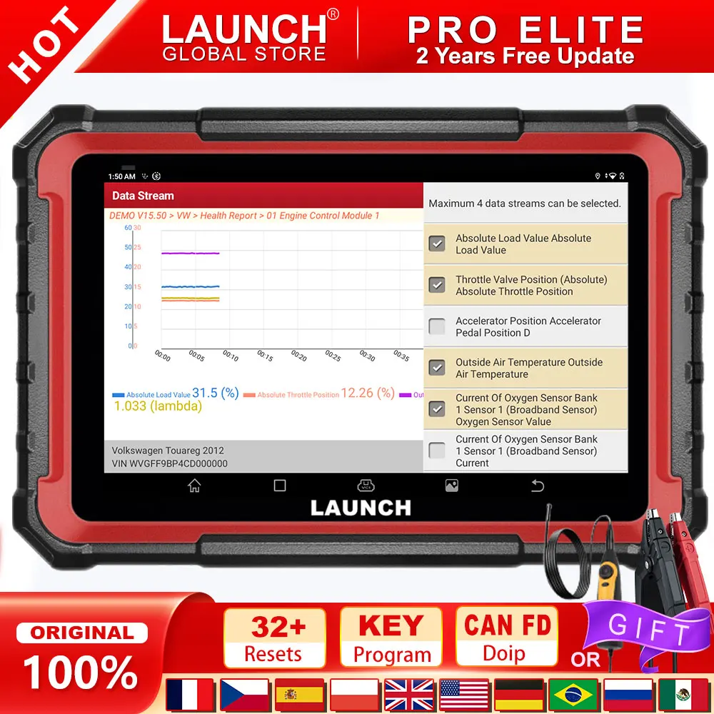 LAUNCH X431 PRO ELITE OBD2 Scanner Full Systems Car Diagnostic Tool 32 Reset CANFD DOIP ECU CODING Active Test FCA SGW VAG