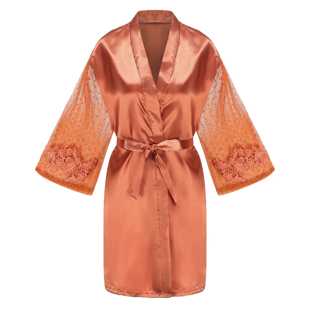 Caramel Wedding Bride Bridesmaid Robes Dressing Gown Sexy Women Bathrobe Night Shirts Short Women Kimono Mesh Sleeve