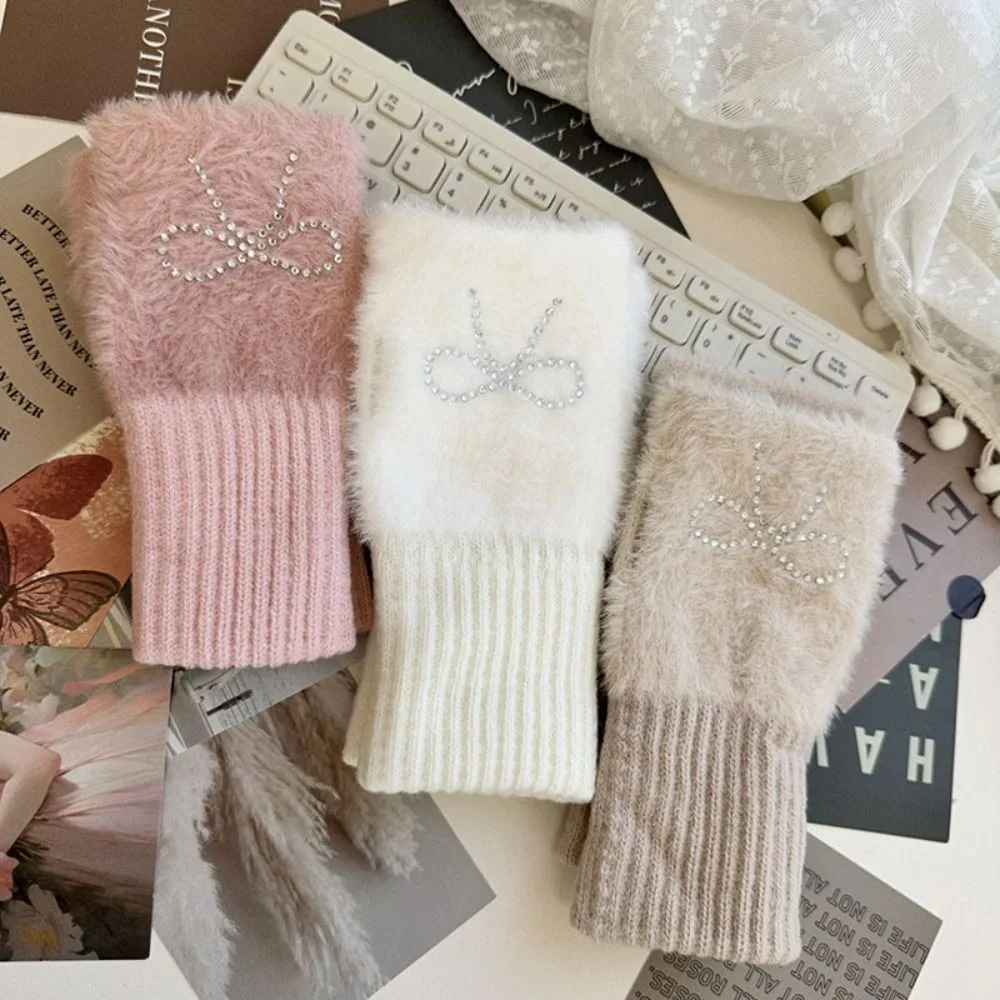 Fashion Bow Gloves Hotfix Rhinestone Solid Color Knitted Gloves Fingerless Korean Style Half Finger Mittens Cycling
