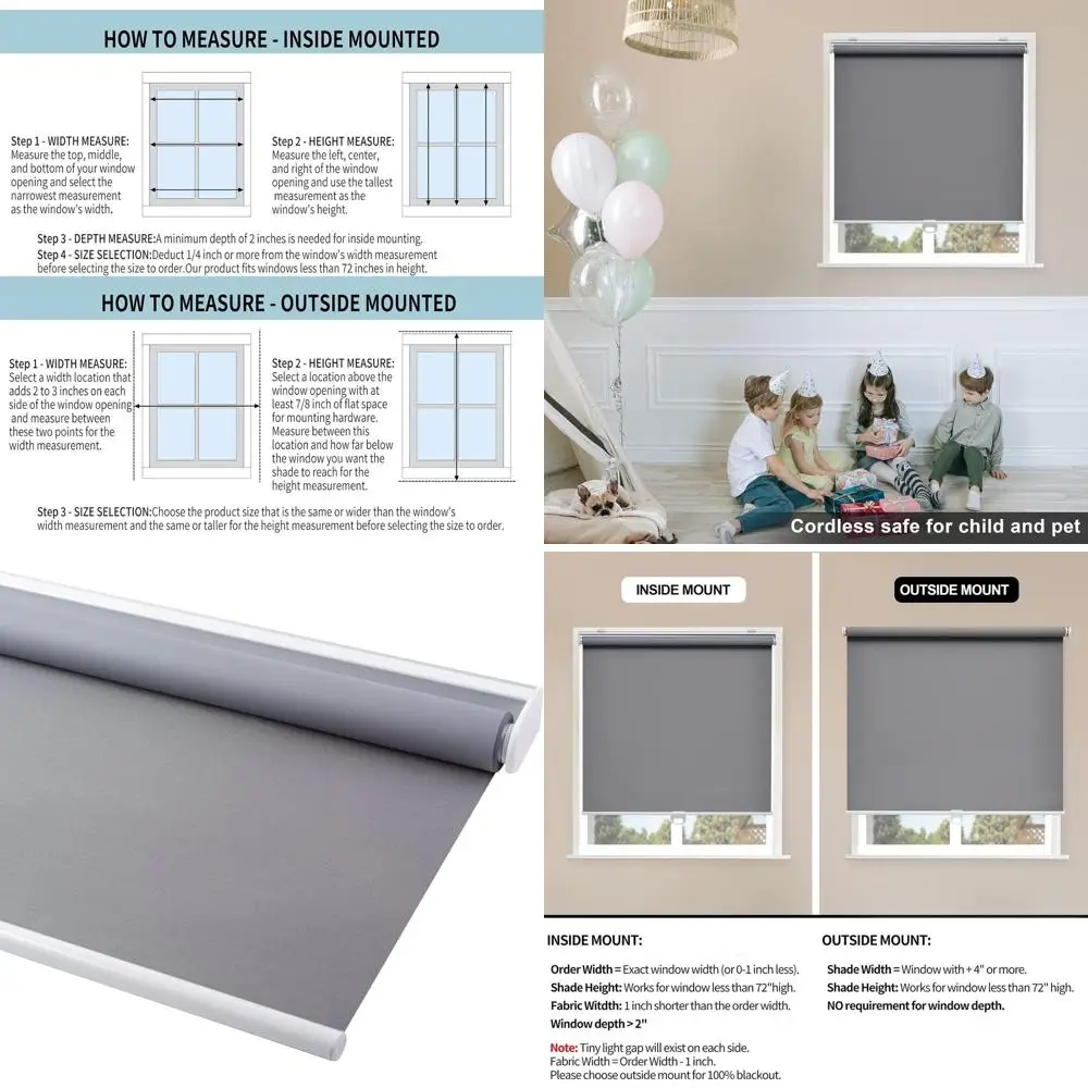 

Cordless Blackout Shades for Windows, Thermal Insulated, Easy Install, 34x72, Grey