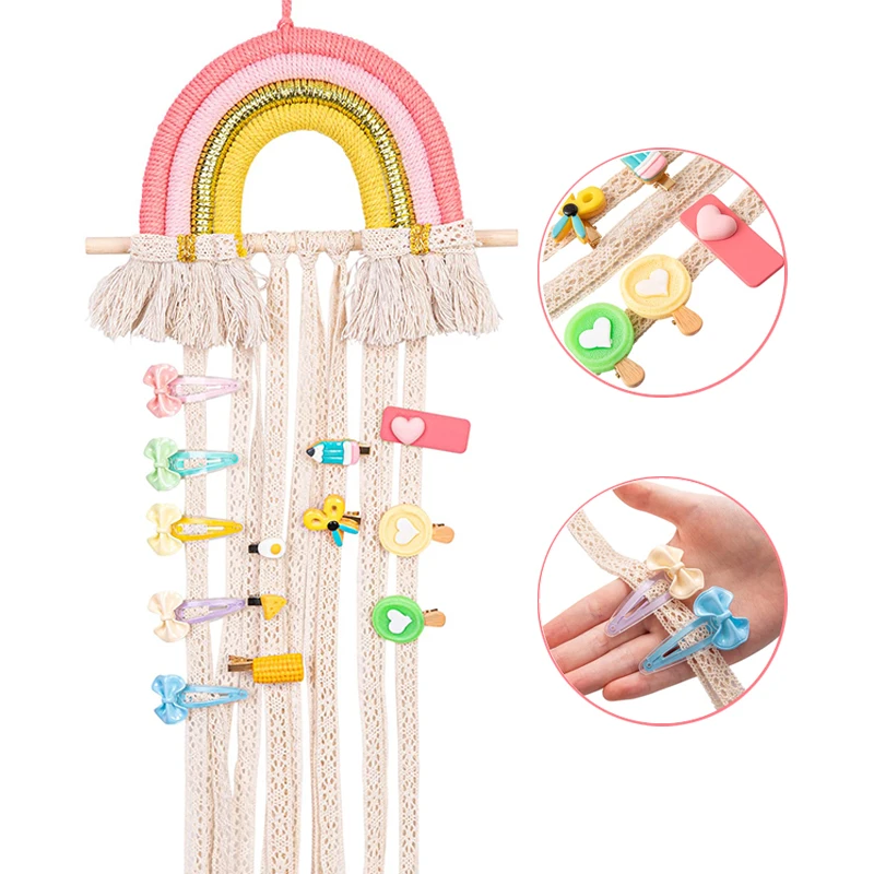 

Girl Hairpin Holder Rainbow Tassels Hair Bows Holder Girls Wall Hanging Hair Clip Baby Hair Accessories Storage Kawaii Room Deco