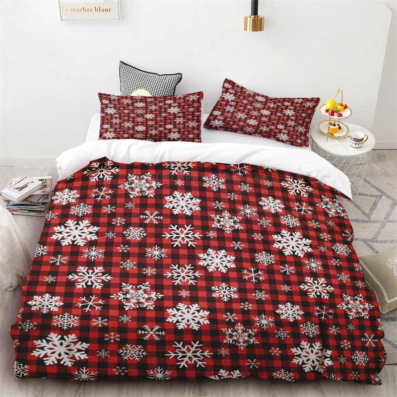 Duvet Cover Christmas Snowflake Red And Black Plaid Three-piece Set Bedroom  Decoration Single Double Bed Queen King Size