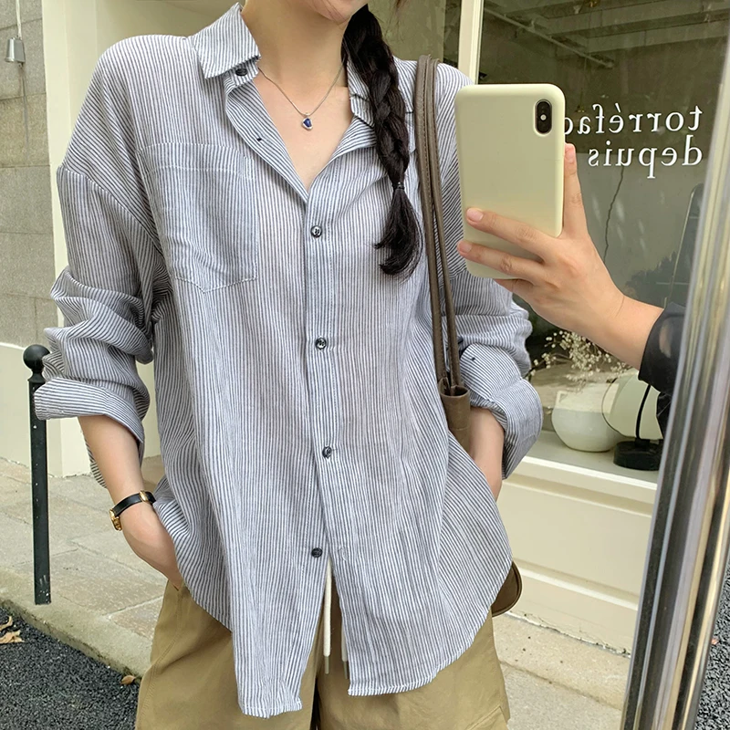 Vintage Striped Shirts Women Korean Fashion Simple Long Sleeve Blouse Office Lady Casual Loose Single Breasted Tops