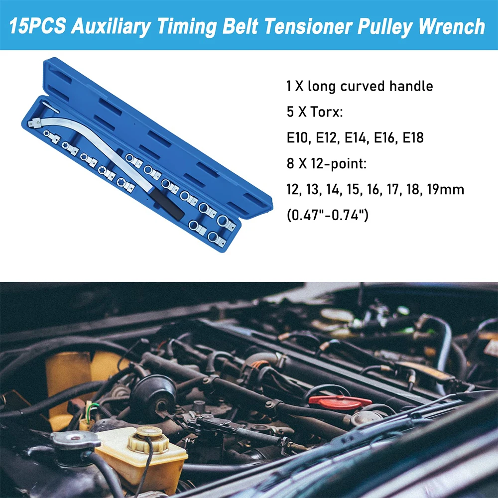 

Podofo 15Pcs Auxiliary Timing Belt Tensioner Pulley French Set 12mm-19mm E10-E18 12-Point Tool Kit for Most Vehicle Types