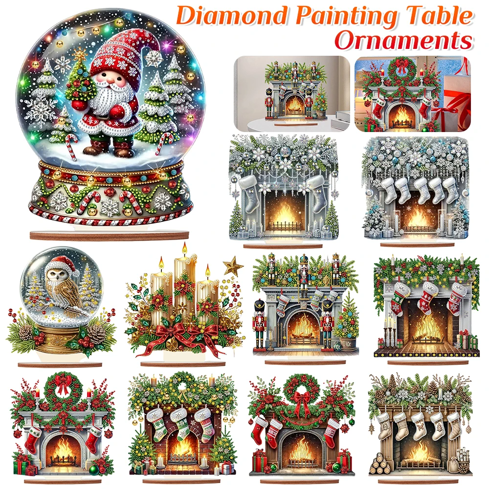 Wooden Special Shape Christmas Fireplace Diamond Painting Tabletop Ornaments Rhinestones Painted Crystal Ball Diamond Mosaic Set