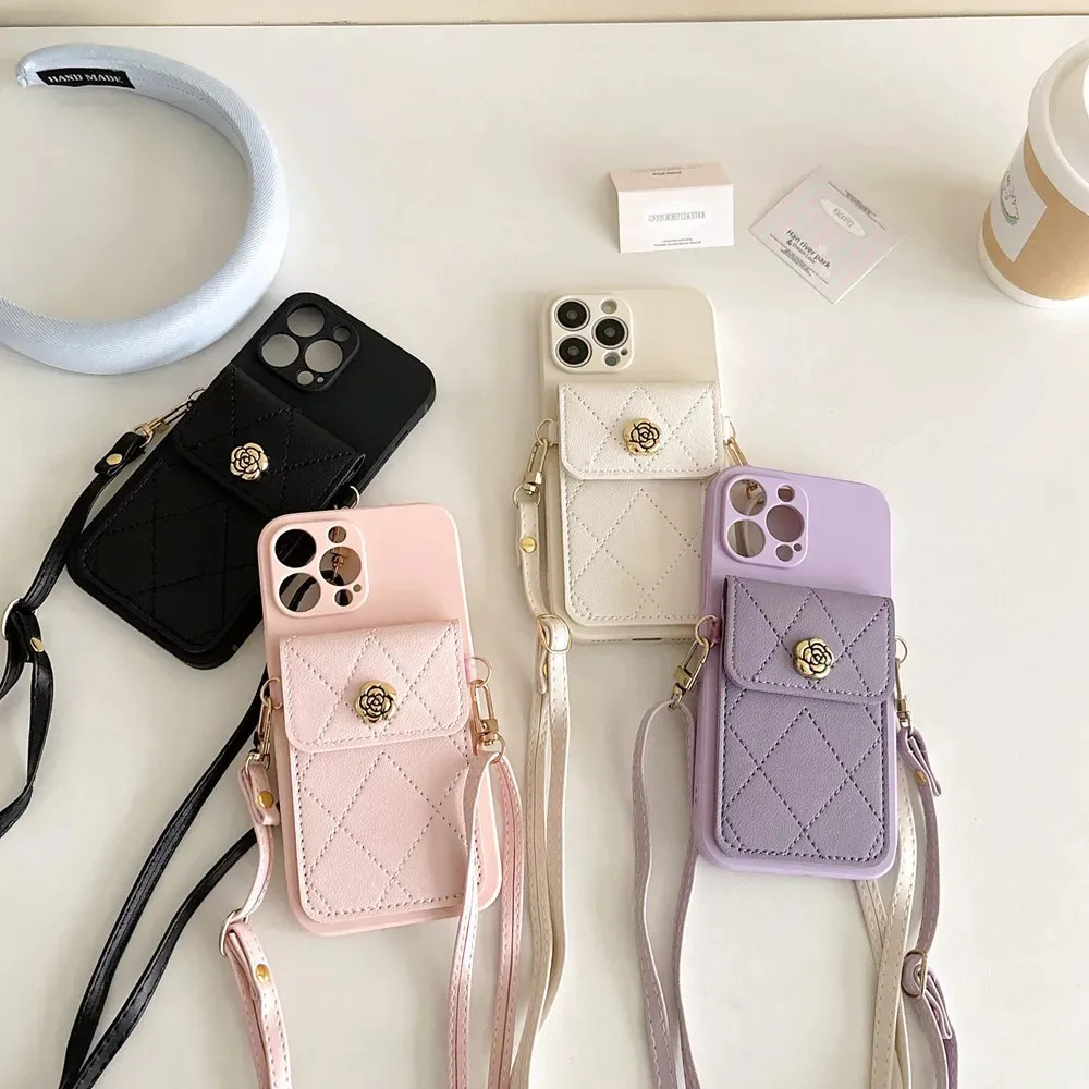 Fashion Crossbody Long Lanyard Case For iPhone 16 15 14 11 12 13 Pro Max Plus Camellia Flower Leather Wallet Card Holder Cover