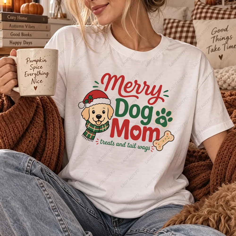 Merry Dog Mom Christmas T Shirt Women Short Sleeve Graphic Tees Cotton Casual Summer Tops Holiday Dog Lover Gift Women Clothing