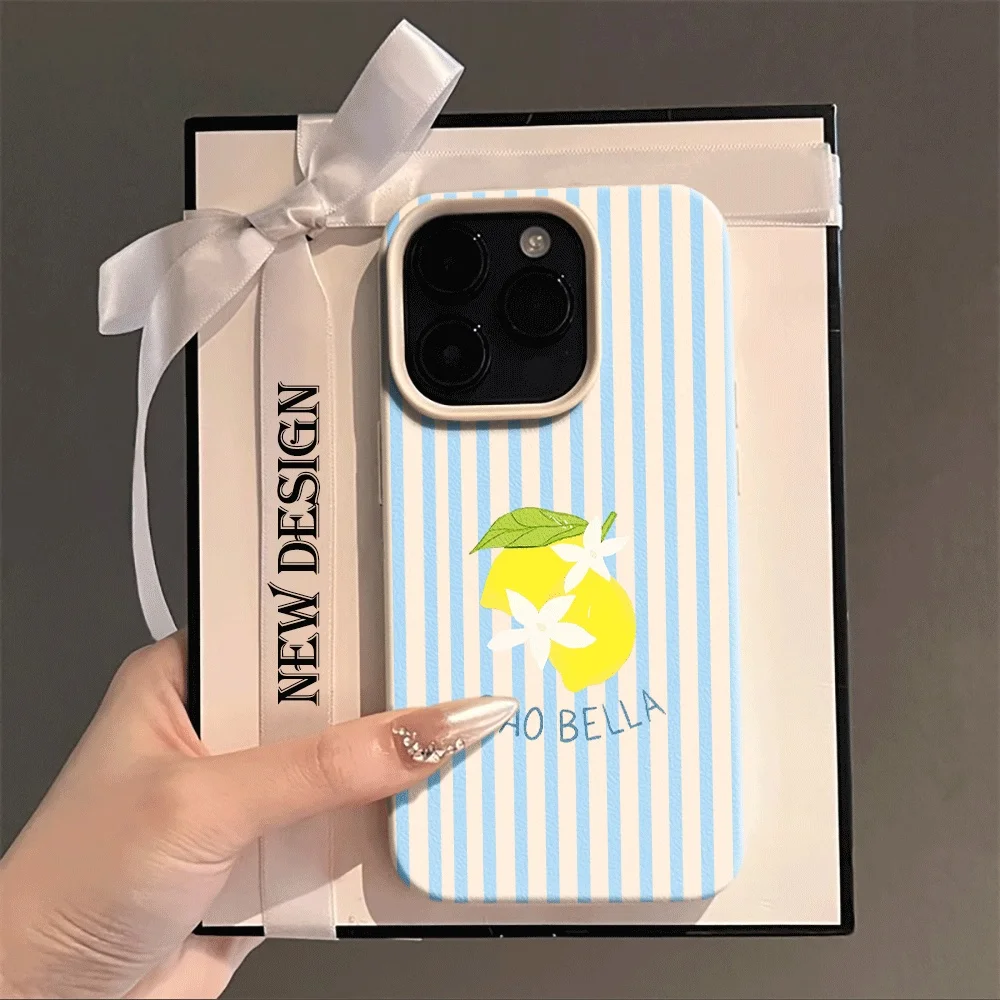 Koreanischer Stil Blaue Streifen Zitronen-Print Handyhülle für iPhone 17 16 15 14 13 12 11 Pro Max Plus 17 XR Silikon Matt Weiche Hülle – Detail 1