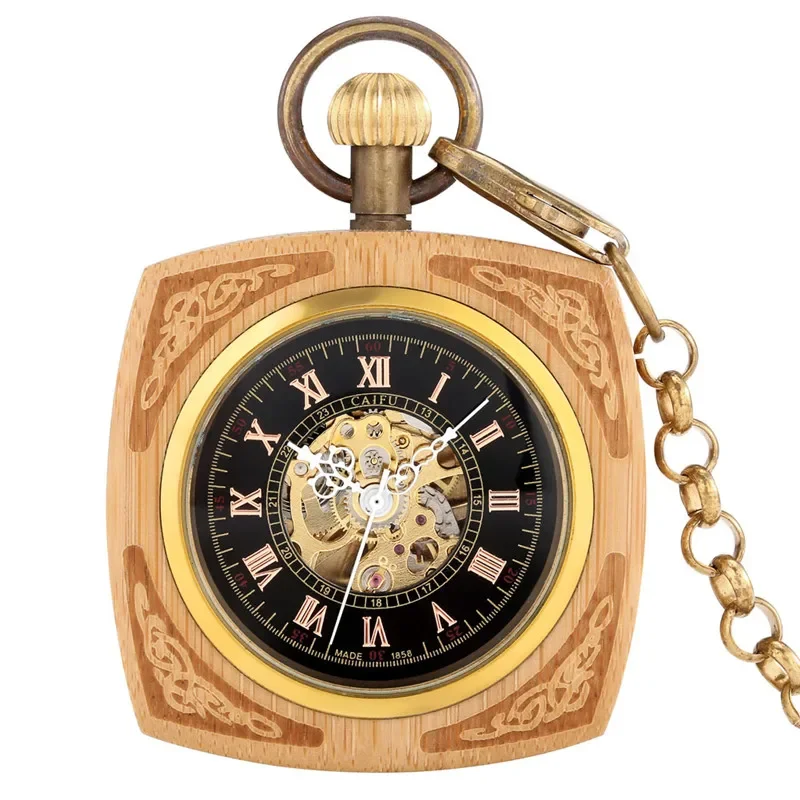 Antique Wooden Pocket Watch Bamboo Skeleton Auto Mechanical Watches Men Women Skeleton Clock Pendant Chain Collectable Reloj