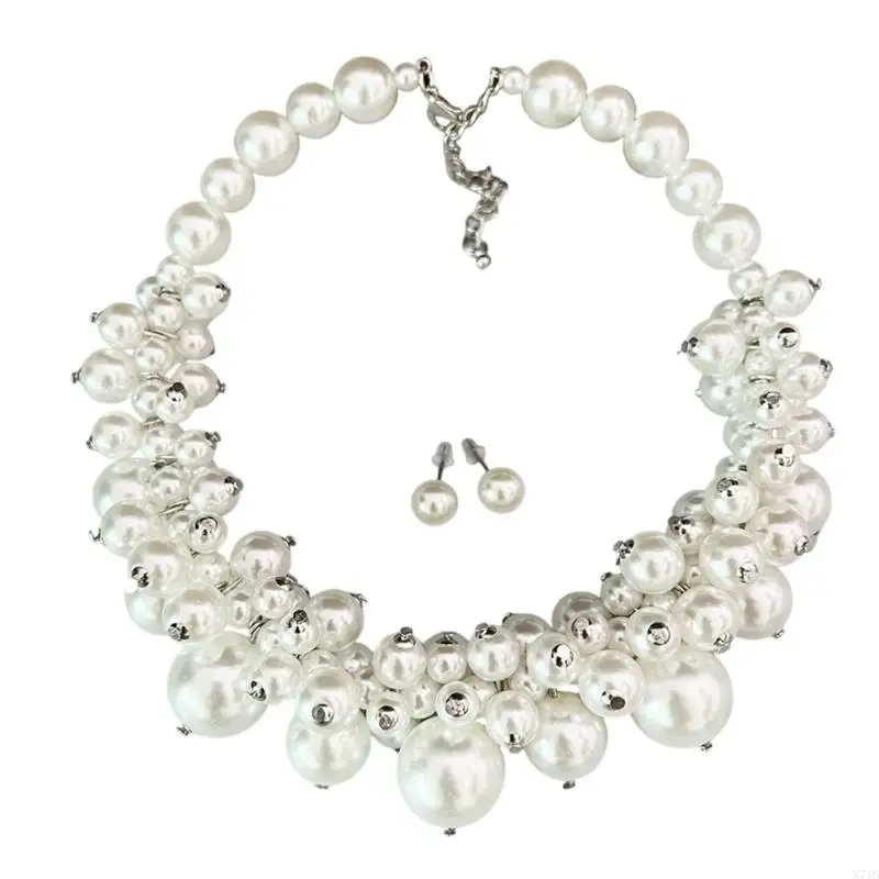 Stylish Beaded Short Necklace Earrings Imitation Pearls Fashion Jewelry Item