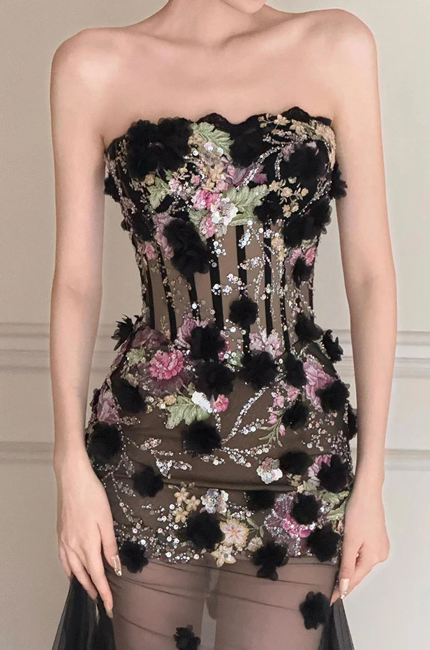 L & P DQL Studio Sexy noir robes de soirée sans bretelles fermeture éclair dos Tulle avec broderie fleurs perles paillettes cristal robe de soirée