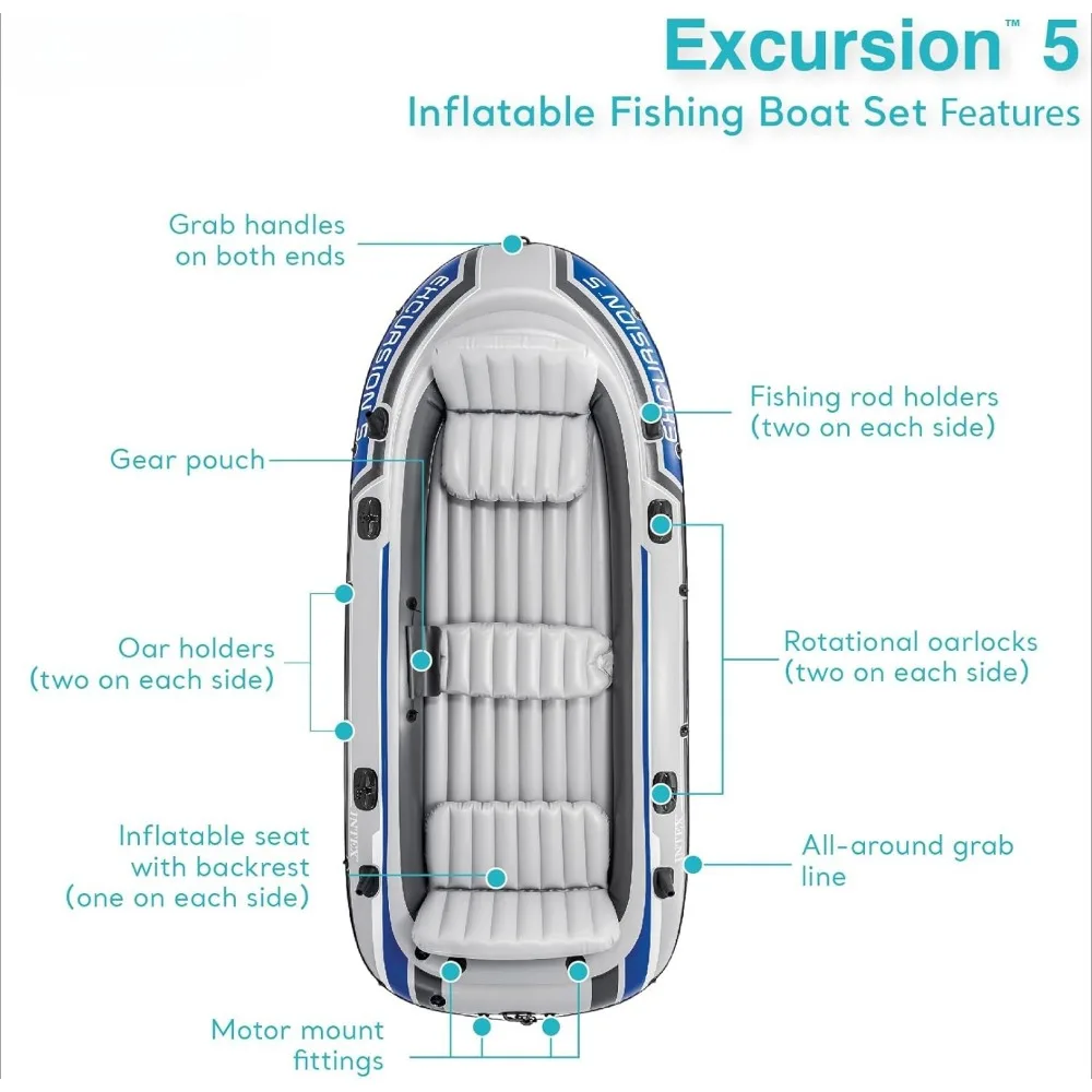 Excursion 5-Personen-Schlauchboot-Set mit 2 Aluminium-Ruder und Pumpe, Intex 12 V Heckboot-Trolling und Motorhalterung