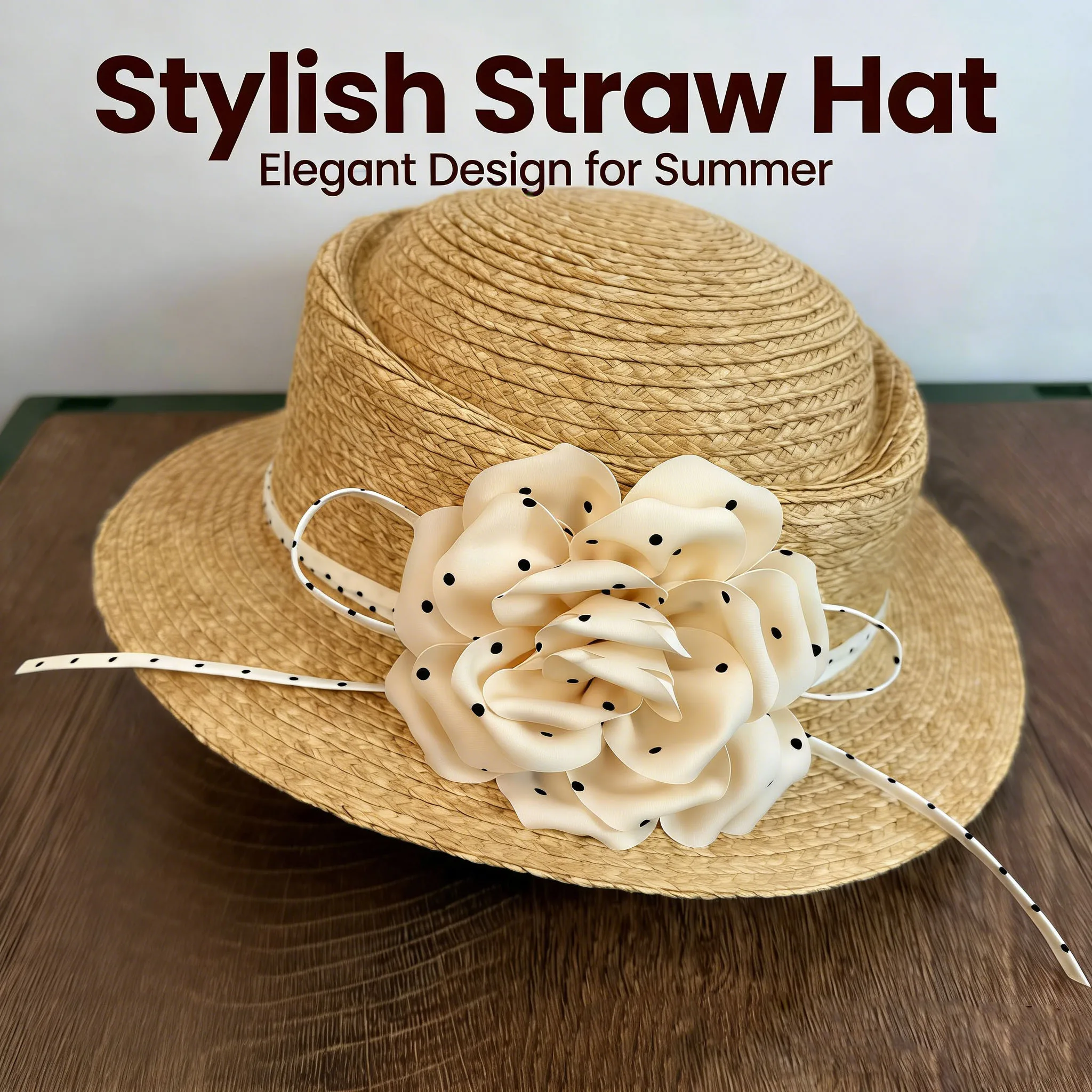 Elegant Hepburn Wave Point Flower Bowknot Straw Hat Summer Seaside Vacation Sun Hat Women Handmade Breathable Beach Cap