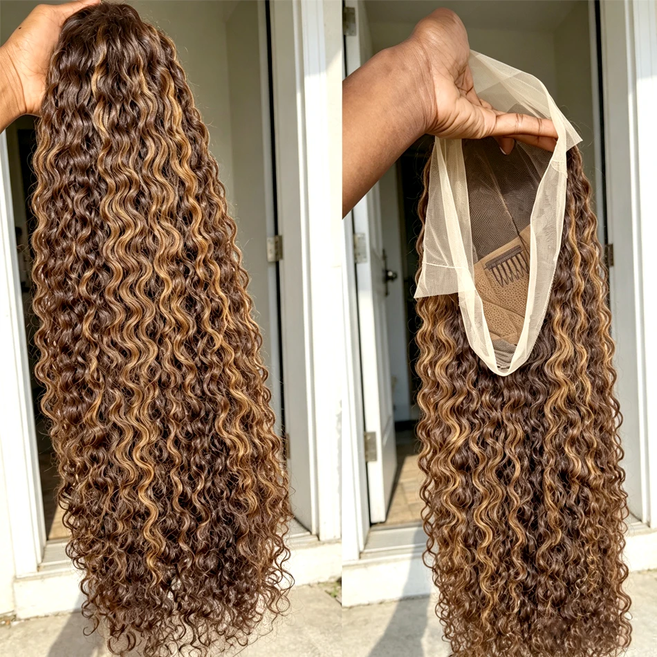 36 Inch Highlight Ombre 360 Deep Wave Lace Front Wigs Human Hair P4/27 Hidden Strap 360 HD Full Lace Drawstring Wig Human Hai
