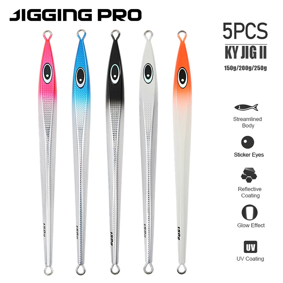 JIGGING PRO MJ141 5pcs/lot Vertical Jig 150g 200g 250g Long Lead Fish Lure UV Glow Deep Sea Saltwater Fishing Lure Set for Tuna