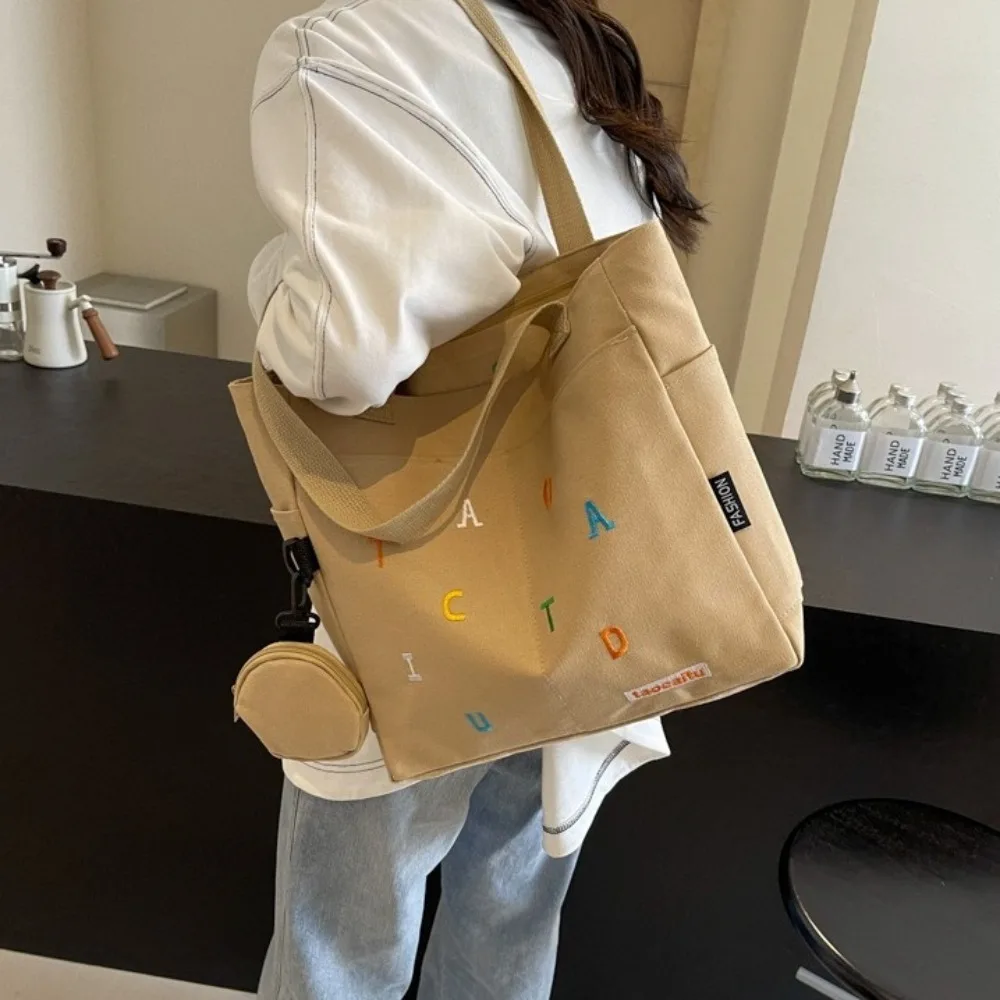 

Casual Solid color Letter Embroidery Tote Bag Korean Style Zipper Canvas Shoulder Bag With Coin Purse Printing Women Handbag Men