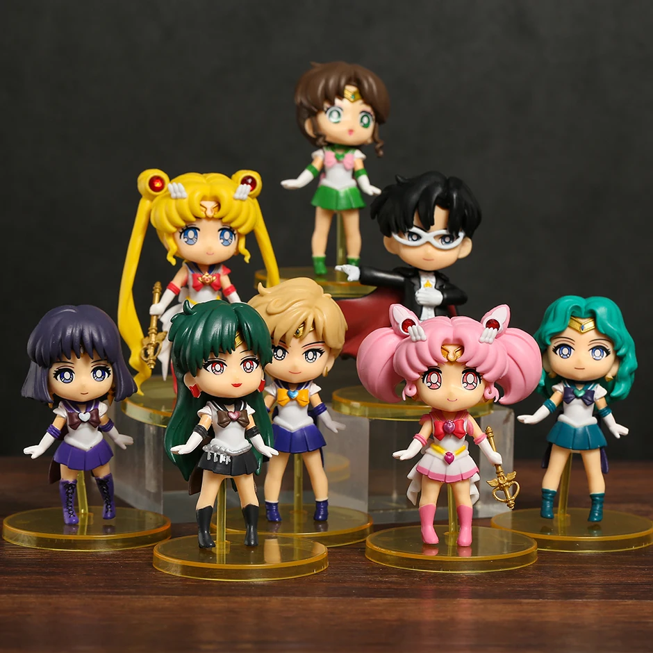 Figuras de PVC de los Personajes de Sailor Mercury, Marte, Júpiter, Venus, Urano, Neptuno y Plutón en Versión Q, Juguetes Coleccionables para Escritorio de Computadora, Set de Muñecas Chiba Mamoru