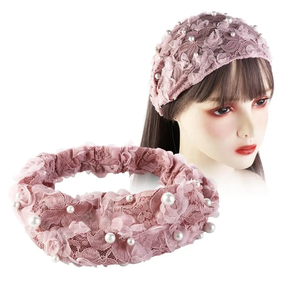 Headwear Trendy Non Slip Pearl Wide Side Mesh Lace Headband Women Hairbands Flower Korean Head Wrap