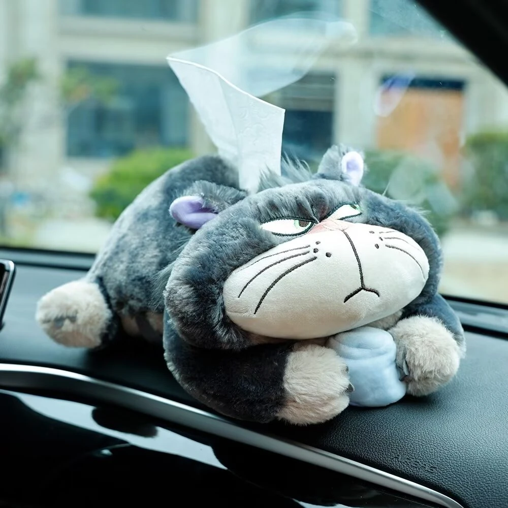 Cartoon Grey Cat Tissue Cover Lucifer Cat Stuffed Anime Cinderella Bad Cat Plushies Tissue Boxes Backseat Hanging Tissue Bag