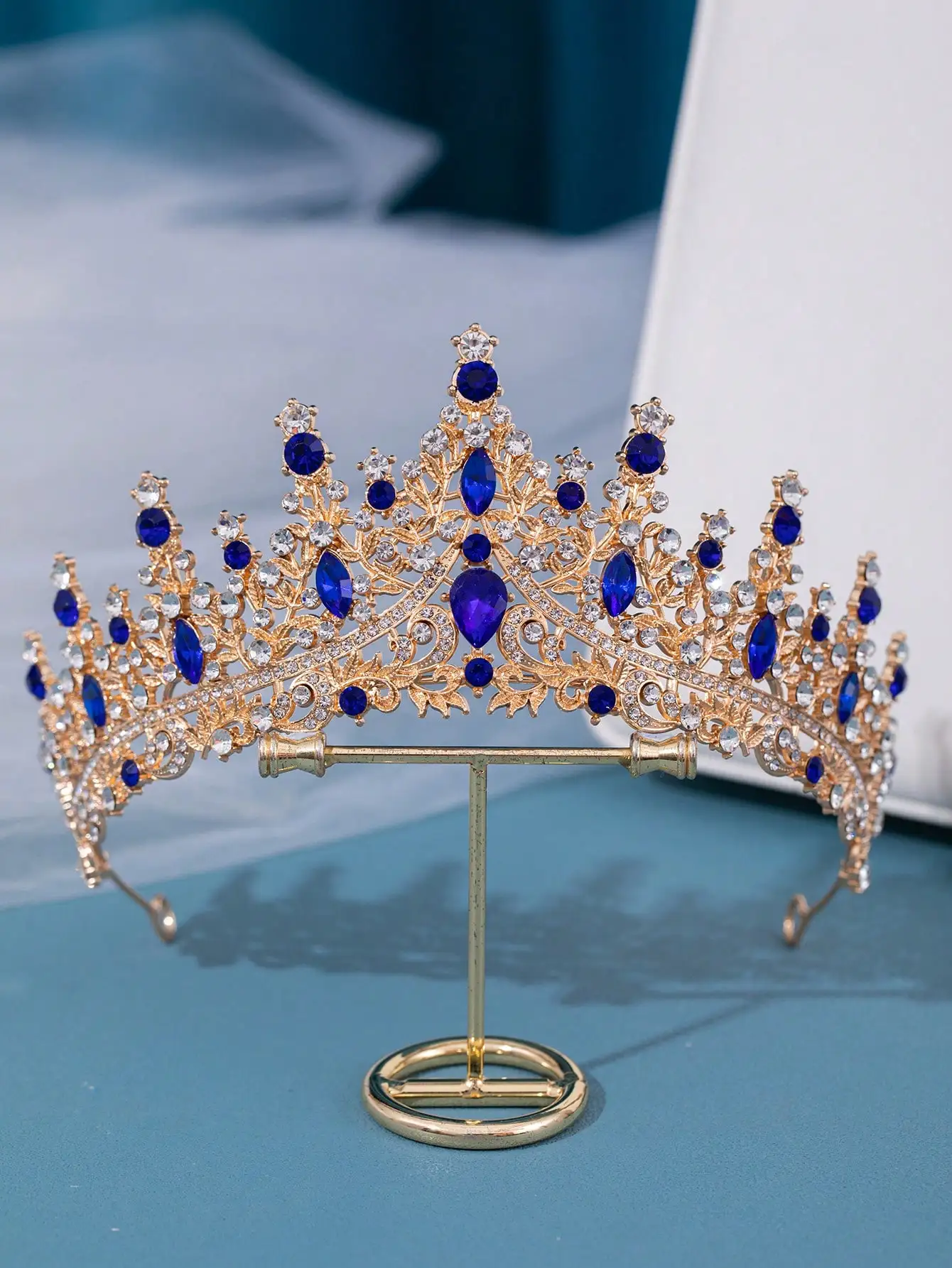Vintage Baroque Gold Sapphire Blue Crystal Tiara Crown Ornate Bridal Headpiece for Wedding Quinceanera Birthday Evening Party
