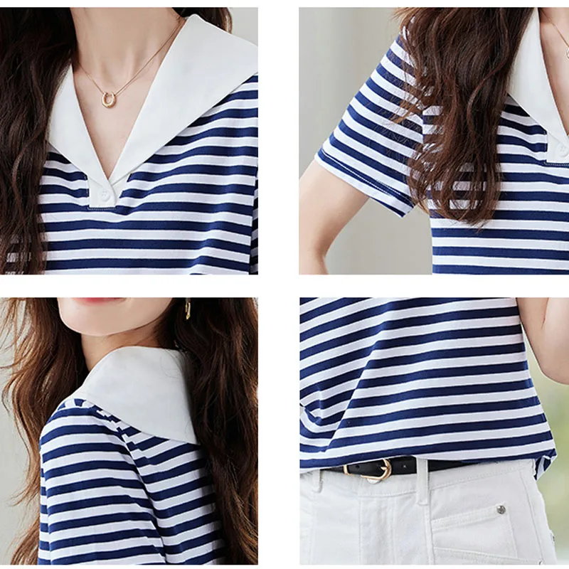 موضة الصيف قصيرة الأكمام بحار طوق المرأة تي شيرت تي شيرت مخطط المرأة بلايز Camisetas ملابس النساء الملابس التي شيرت XL307