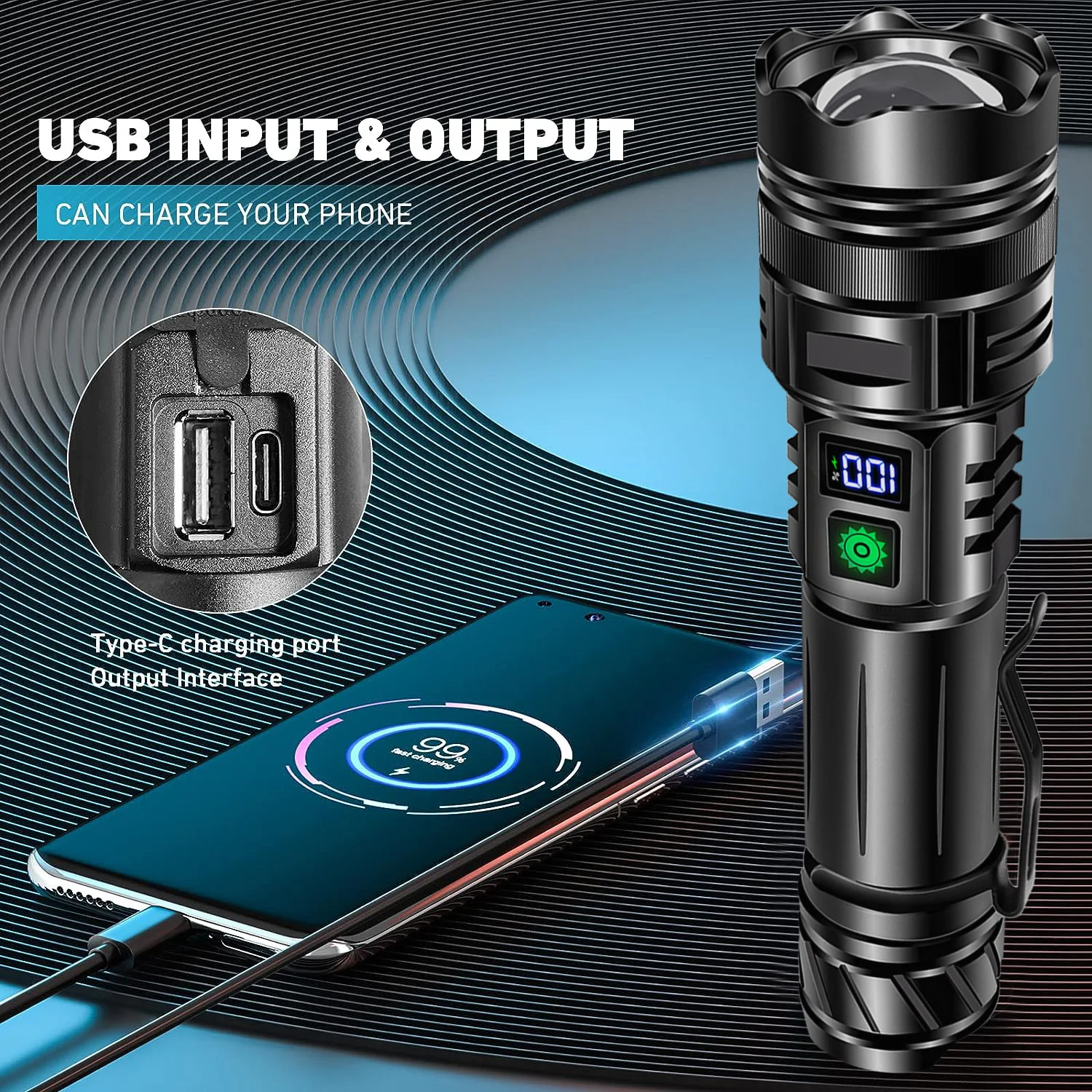 USB充電式長距離戦術懐中電灯,ハイパワーLED懐中電灯,強力なライト,屋外用,非常に強力なフラッシュライト,タイプ-c