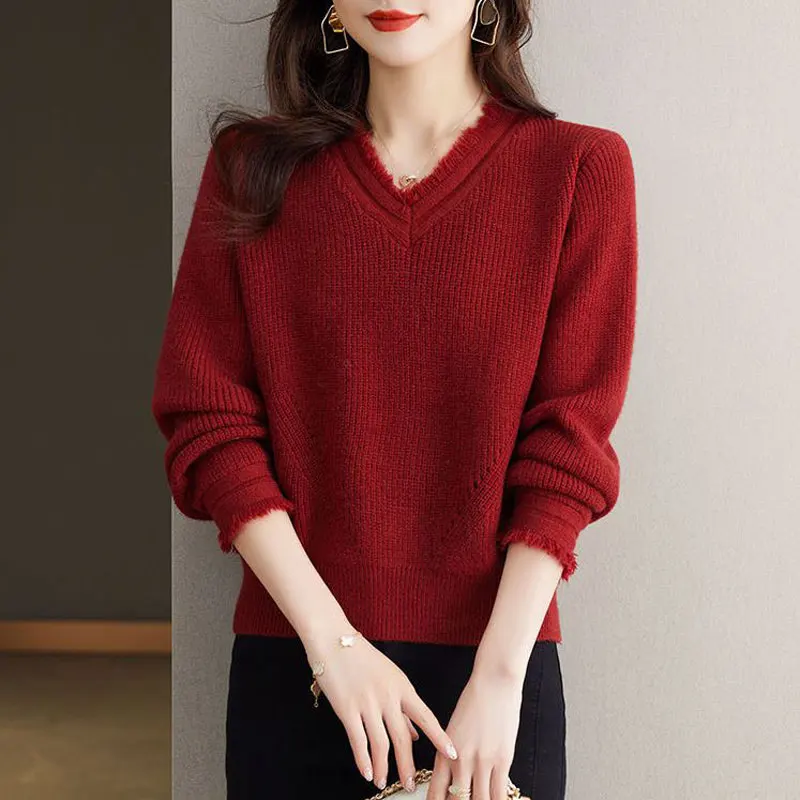 

Осень-зима, новые винтажные элегантные вязаные свитера, женская одежда, модные шикарные пуловеры с v-образным вырезом, свободные теплые мягкие шерстяные топы