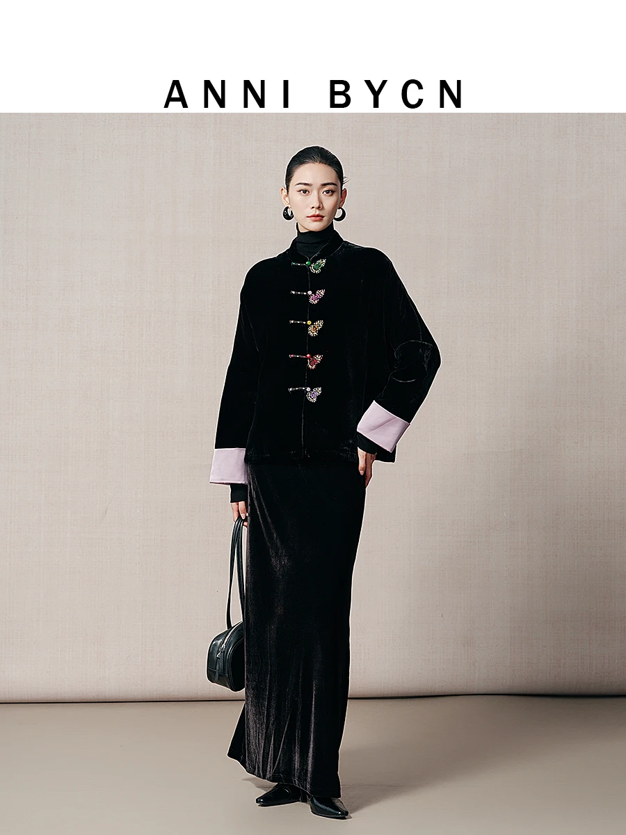 Annibycn Silk Velvet Traditional Chinese Style Stand Collar Women's Cotton Jacket Winter Retro Cotton Padded Outerwear