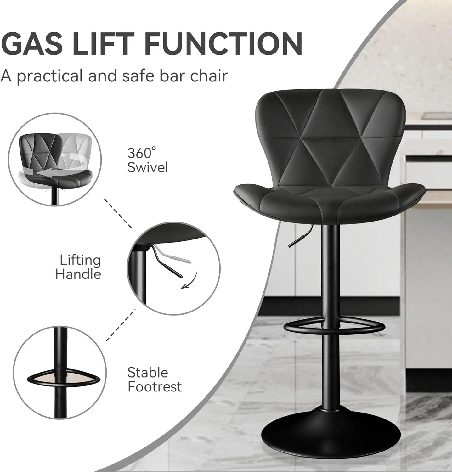 Set of 2, Height Bar Stools, Upholstered Faux Leather Bar Chairs with Metal Base, Modern Bar Stools for Kitchen Counter Dining R