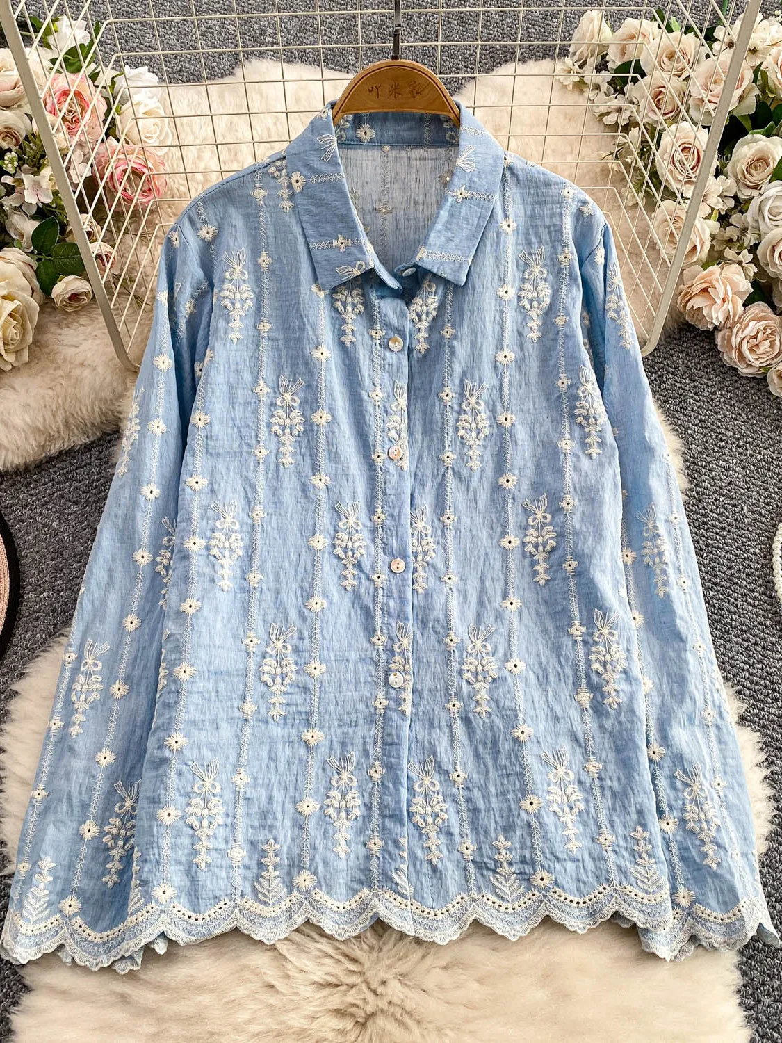 Zwaar borduurwerk uitgehold lange Sve irt dames casual losse afslankende bovenkleding lente herfst Faion Ele