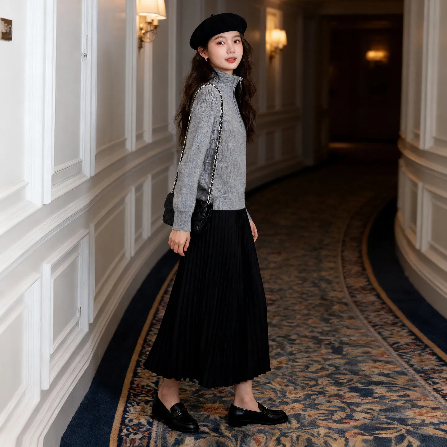 High-grade grey half-high-necked zipper sweater women's autumn lazy wind loose cashmere sweater