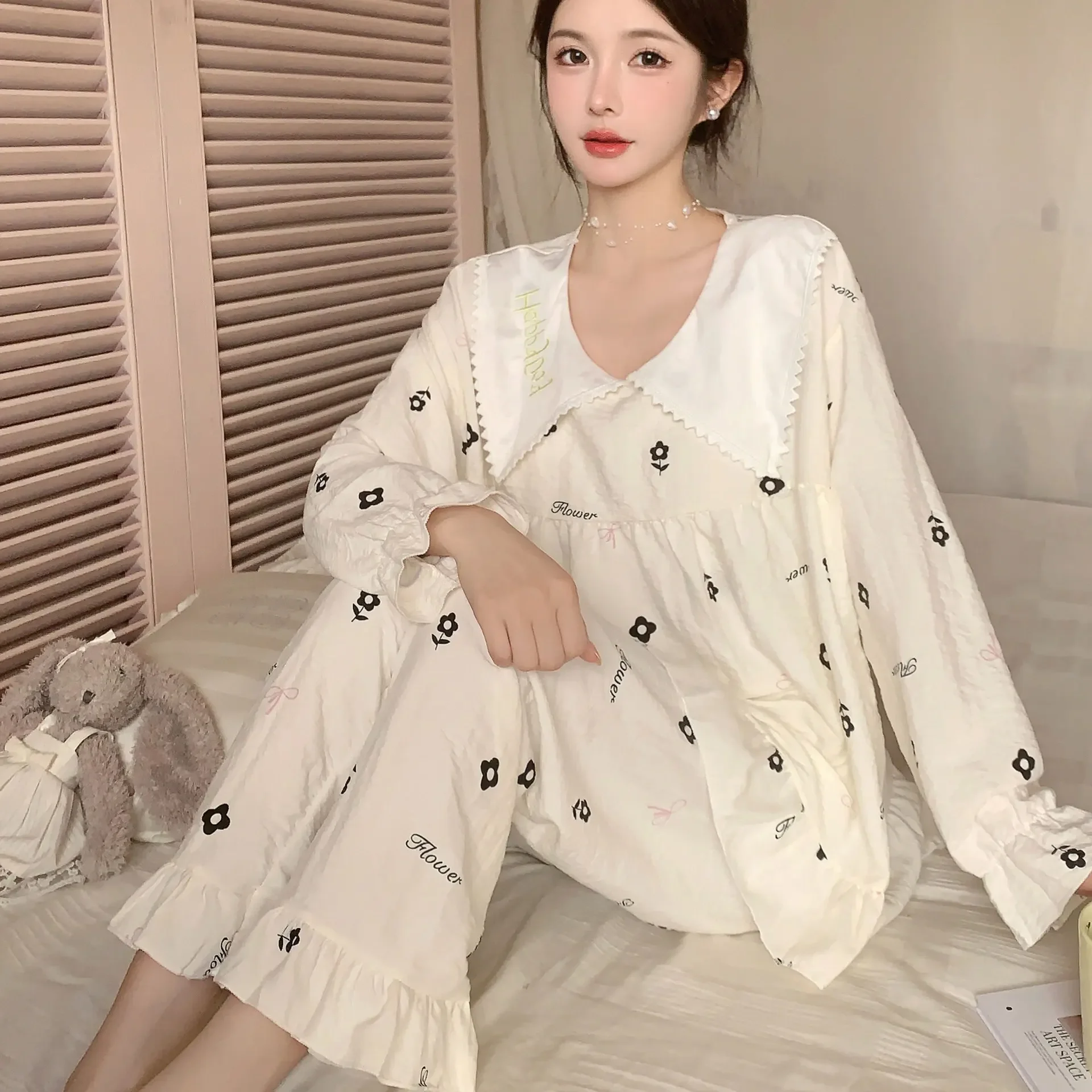 

Cotton Long Sleeve Pants Floral Print Woman Satin Pajama Sets Ensembles 2 Piece Lady Outfit Lounge Women Pijama Sleepwear Pj