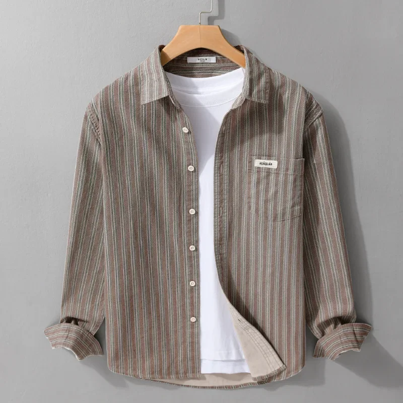 

Полосатая рубашка в японском стиле в стиле ретро с длинными рукавами, мужская весна-лето, повседневные повседневные рубашки с лацканами, топ из чистого хлопка, удобная мужская одежда