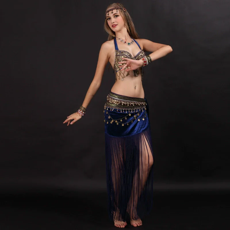 Costume de danse du ventre pour femmes, pièces de monnaie de Style Tribal, vêtements de danse, soutien-gorge fait à la main, ceinture à pampilles, 2 pièces, tenues de danse du ventre