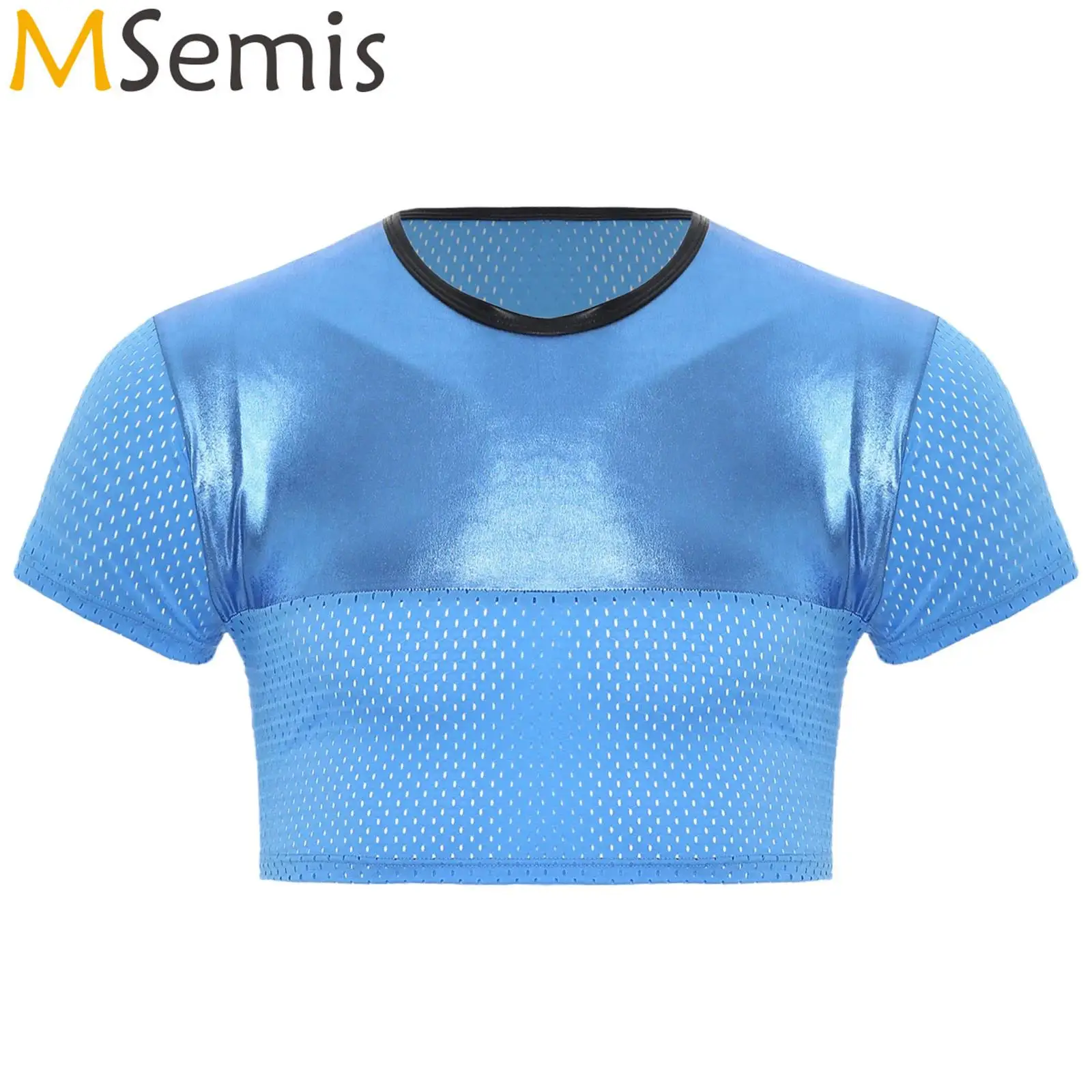 Mens Short Sleeve Hot Stamping T-shirt Hollow Out Breathable Crop Top Shiny Metallic Dance Crop Top Gym Workout Disco Dance Top