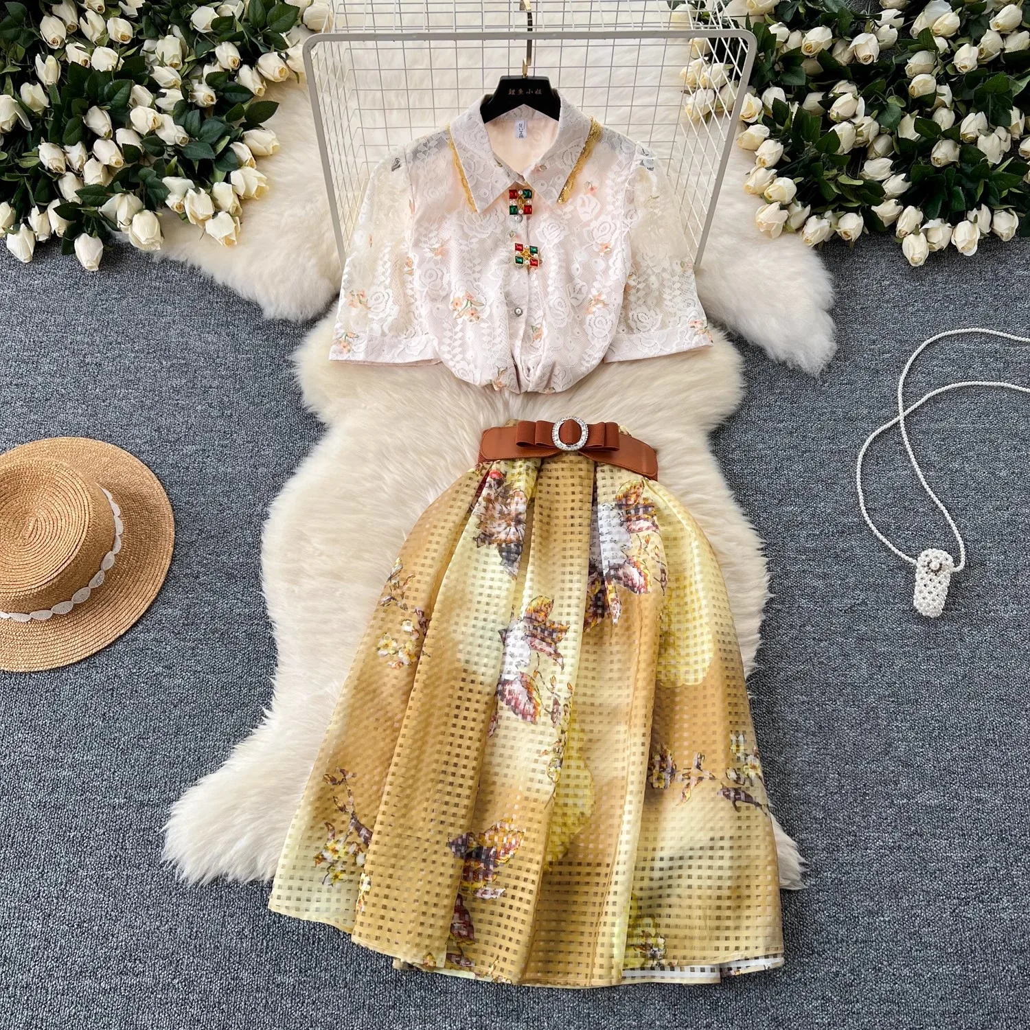 French Runway Summer Two Piece Set Women Lapel Diamonds Button Embroidery Lace Shirt +High Waist Printed Belt Pleated Skirt Suit