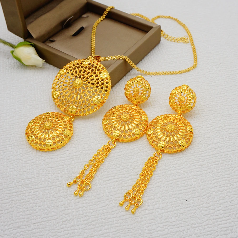 Trendy Gold Color Jewelry Sets Big Round Pendant Copper Earrings Sexy Jewelry For Women Young Lady Wedding Party Gifts