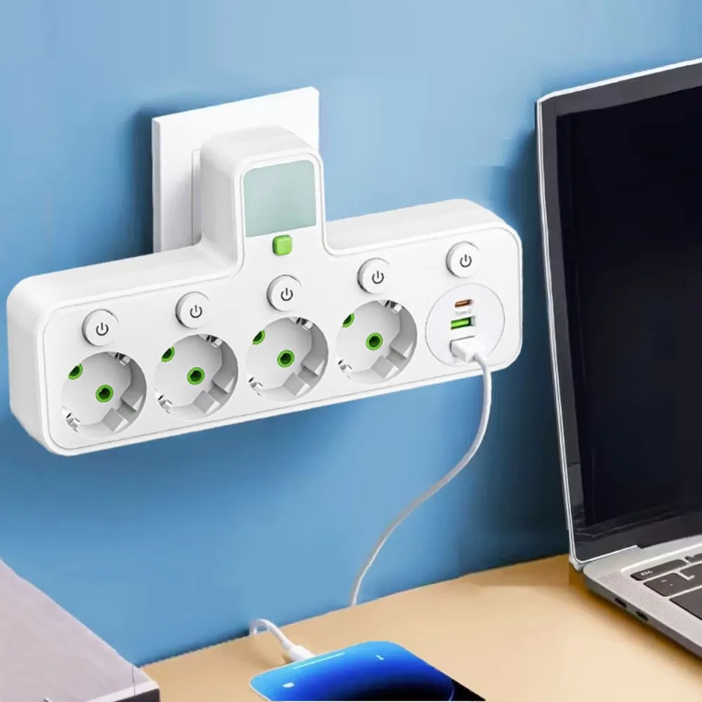 1-to-4 Converter with Switch Night Light Multi-Hole Power Strip Household Socket EU Plug Outlet 4 Sockets with USB Type-C Ports