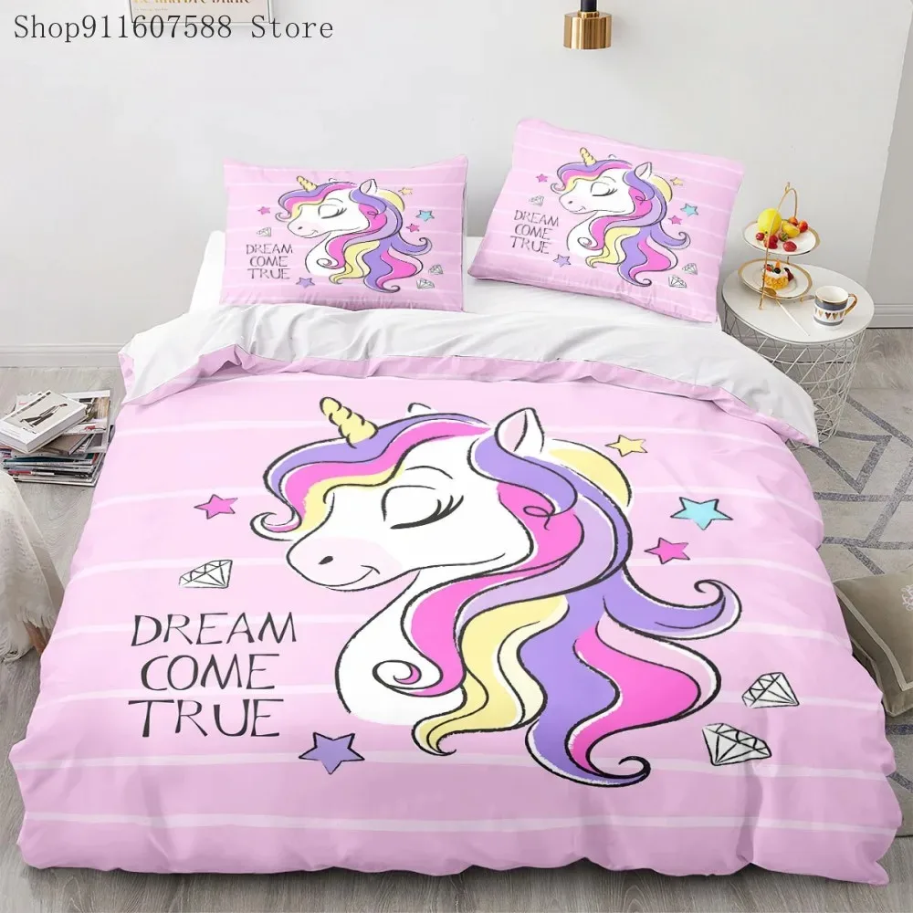 

Girls Pink Unicorn Bedding Set Kids Bed Linen with Pillowcases Queen Full Single Twin Size Girls Duvet Cover Girl Room Decor