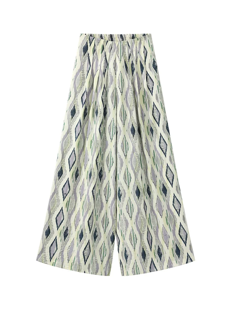 Vintage Loose Wide Leg Pants Women Summer Relaxed Trousers High Waist Resort Geometric Print Casual Flowing Long Palazzo Bottoms
