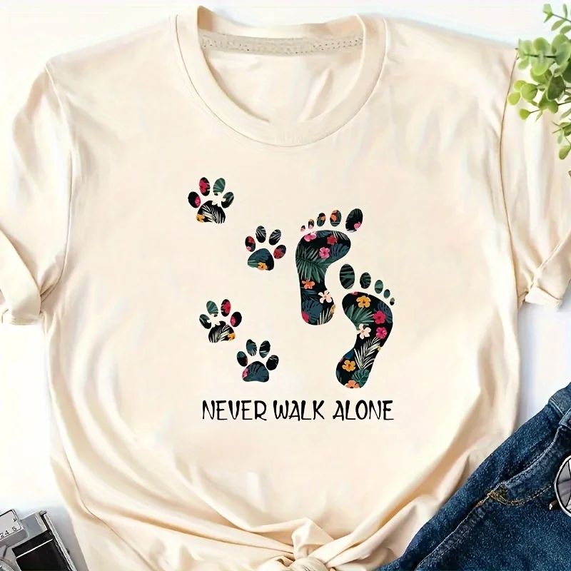 Dog Claws and Human Footprints Women's Printed T-shirt Personalized Trendy Art Soft and Skin Friendly Daily Commuting Dressing