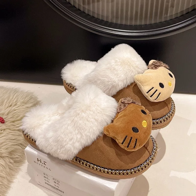 

Kawaii Miniso Hello Kitty, плюшевые тапочки для кукол, теплая домашняя обувь Y2K, милая уличная ветрозащитная и морозостойкая хлопковая обувь