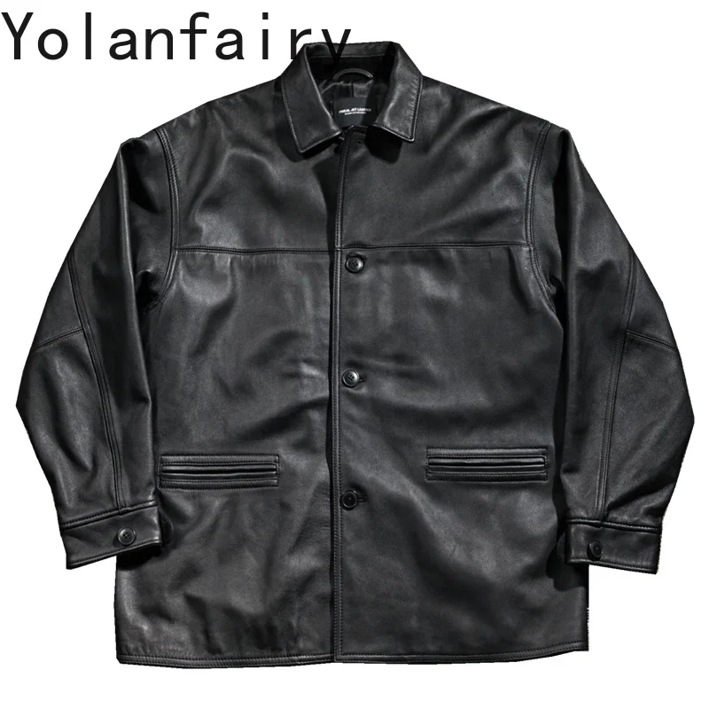 

YOLANFAIRY 100% кожаная куртка из овчины, мужские куртки для мужчин, весенне-осенние куртки, мужские черные повседневные свободные мужские пальто Veste Homme