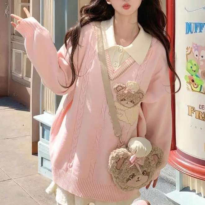 

Japan College Style Cute Embroidered Sweater Women'S New Fake Two-Piece Design Loose Sweater Autumn